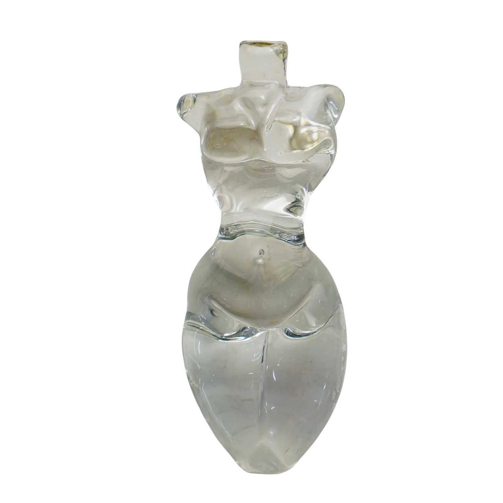 Art Glass Nude Torso Paperweight: DESCRIPTION: Art Glass nude torso paperweight in clear design. CIRCA: 20th Cent. ORIGIN: USA DIMENSIONS: L: 5.25" x W: 2" CONDITION: Great overall condition Unless otherwise stated, all information pr