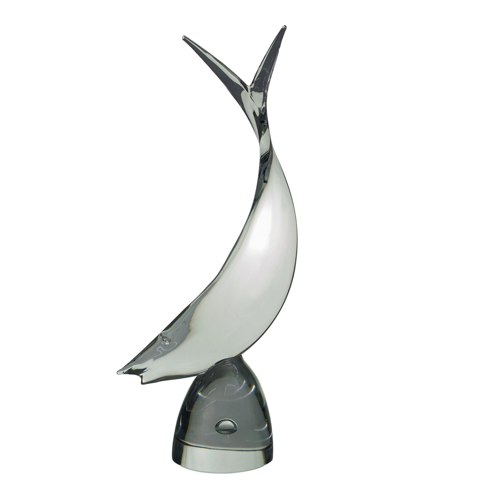Modernist Abstract Glass Fish Sculpture: DESCRIPTION: Modernist abstract clear glass sculpture, depicting a fish with a twisted tail, sits atop a rounded base with a singular controlled bubble inside. CIRCA: 20th Century ORIGIN: Continental 