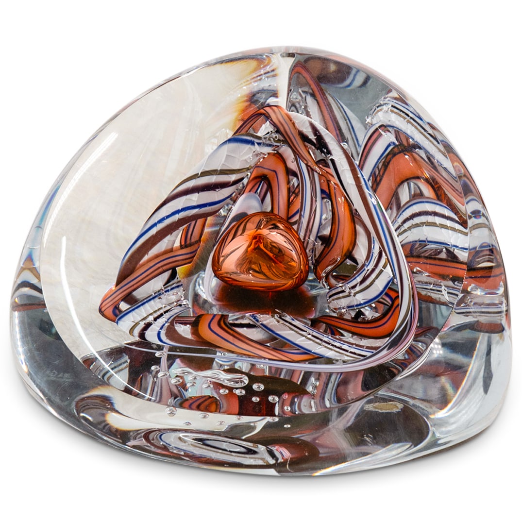 Signed Art Glass Sculpture: DESCRIPTION: Art glass sculpture featuring facets, sommerso technique insert, and controlled air bubbles. Signed at bottom: "LD Woodruff - JC Weilbacher [copyright] 1990". CIRCA: 20th Century ORIGIN: 