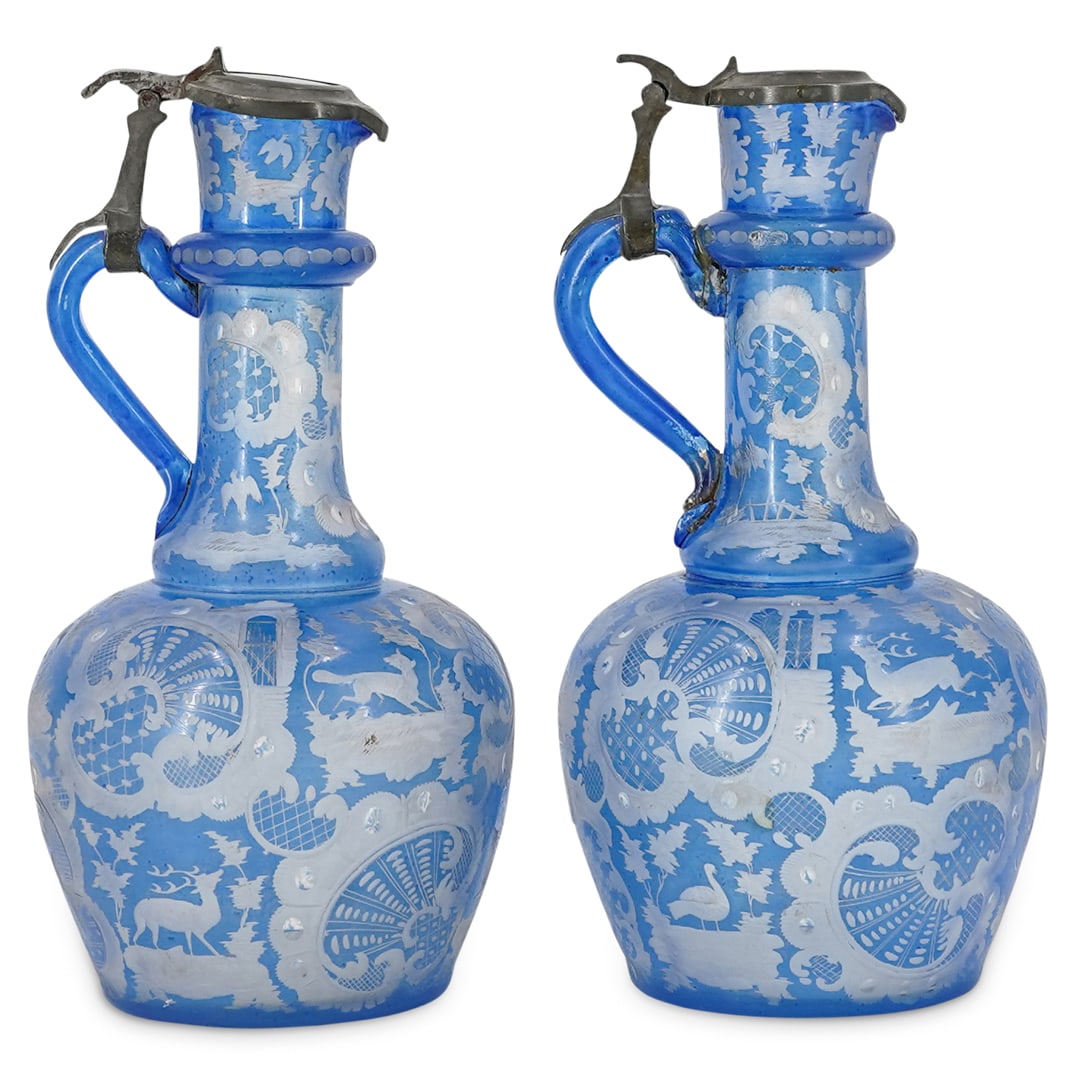 (2 Pc) Blue Etched Glass Vinegar & Oil Cruets (1 of 7)