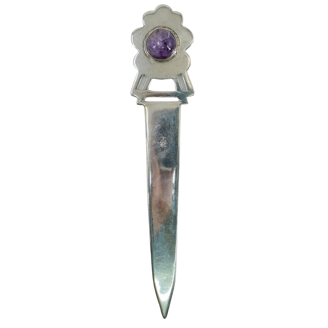 Mid Century Sterling Silver & Amethyst Letter Opener: DESCRIPTION: Mid century sterling silver letter opener, featuring round amethyst stone in the center of the handle. Hallmarked on reverse. Total weight: 32g CIRCA: 20th Century ORIGIN: DIMENSIONS: L: