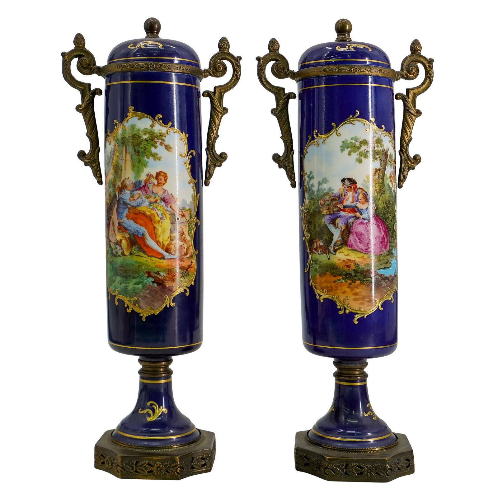 Pair Sevres Style Cobalt Porcelain Urns (1 of 15)