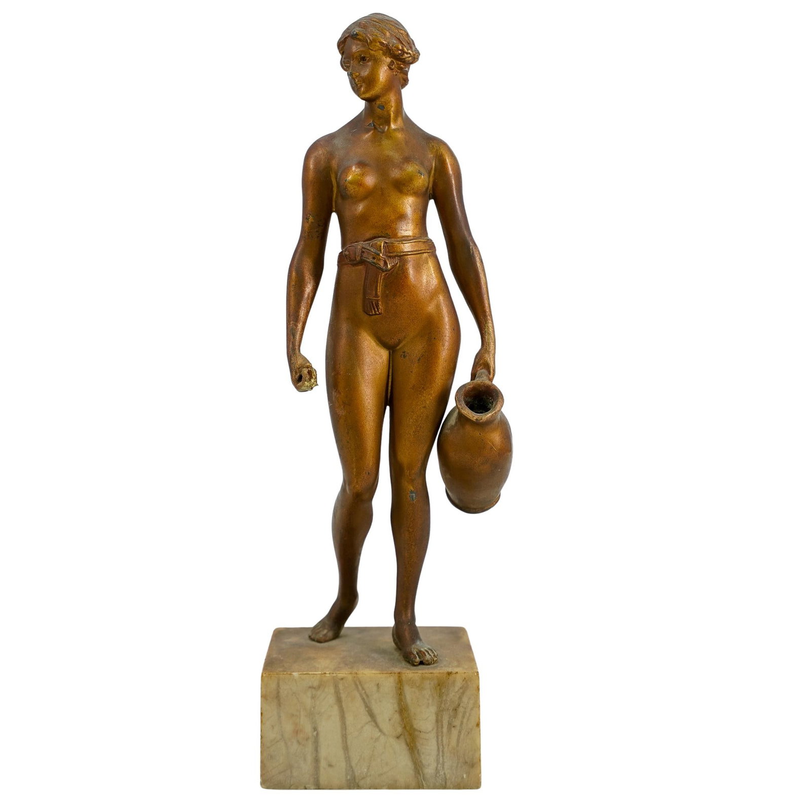 Antique Neoclassical Mixed Metal Nude Water Bearer: DESCRIPTION: Antique mixed metal sculpture depicting a nude woman wearing her hair in braids and a bun and a belt around her waist and bearing a large jug in her left hand. Mounted on a soapstone base
