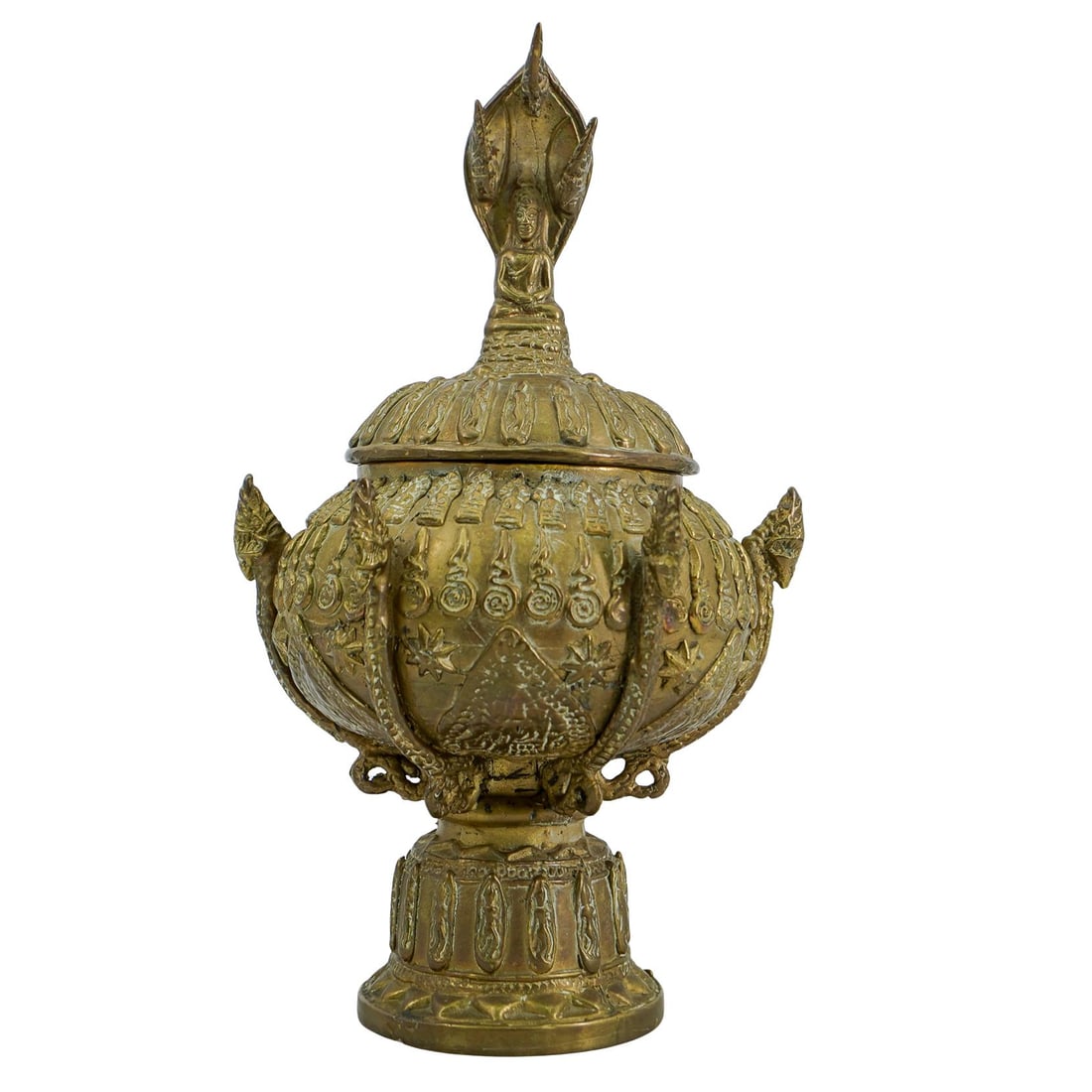Buddhist Bronze Naga Offering Bowl: DESCRIPTION: Buddhist gilt bronze lidded naga offering bowl, featuring a seated buddha under a multi headed Naga serpent at the top. The bow itself is adorned with detailed patterns and ornamental des