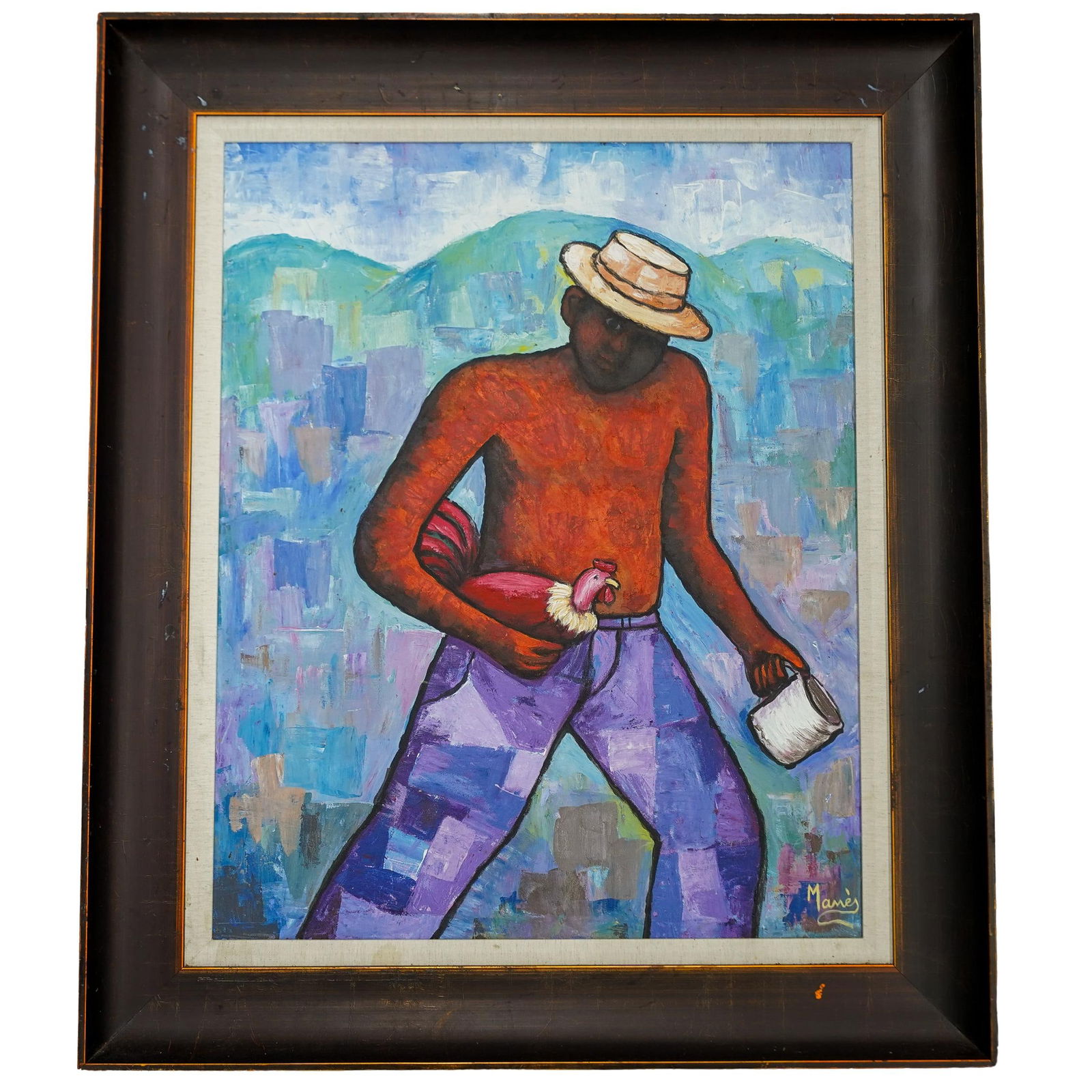 Descollines Manes (Haitian, 1935–1985) "Going to the Cockfight" Oil On Canvas (1 of 6)