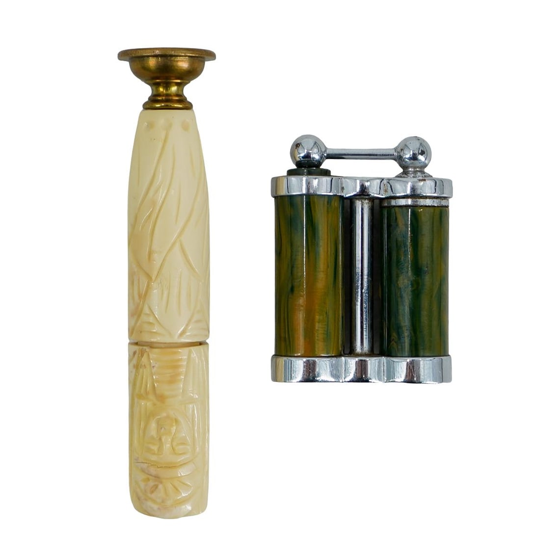 (2 Pc) Vintage Miniature Travel Atomizers: DESCRIPTION: Pair of vintage miniature travel atomizers, one made by DeVilBiss featuring marbled green body and silver tone base and top. The other featuring a small striped glass flask within carved