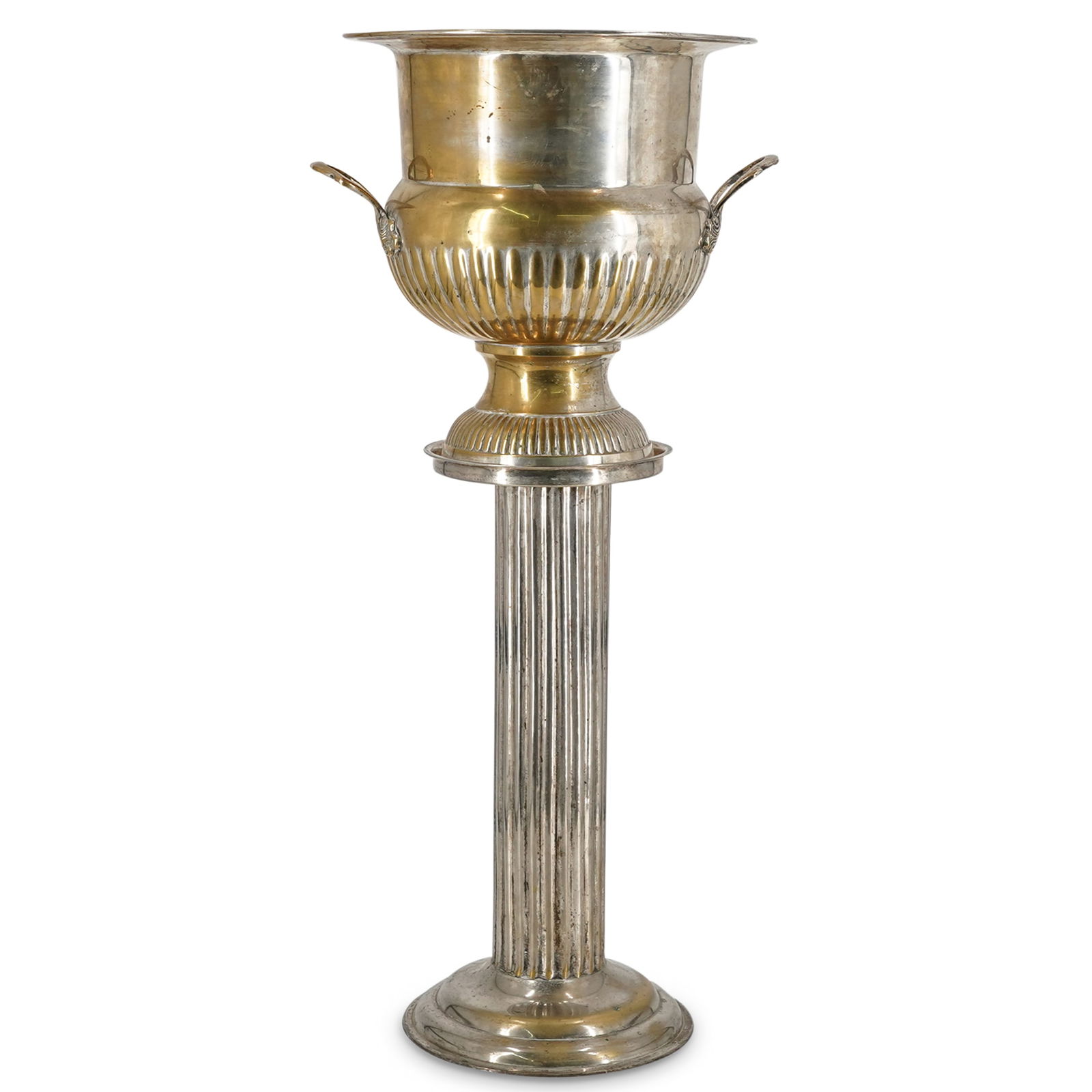 Volf Sheffield Silver Plated Wine Cooler With Base: DESCRIPTION: Volf Sheffield Silver Plated wine cooler with foliage form handles and separate ribbed column base. Marked on underside of cooler: "VOLF SHEFFIELD COLLECTION". Dimensions are as follows:
