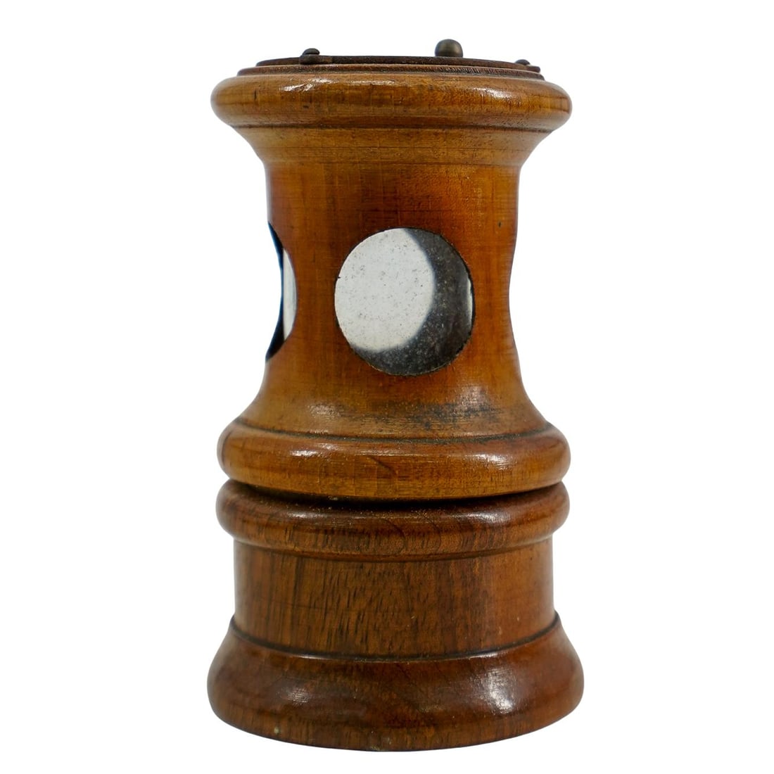 Peugeot Freres Brevetes Pepper Mill: DESCRIPTION: Peugeot Freres brevet Valentino Paris pepper mill, made from wood. Featuring an inner cylinder with porthole viewing windows. Marked "Valentigney Paris" at the top and at the bottom "Brev