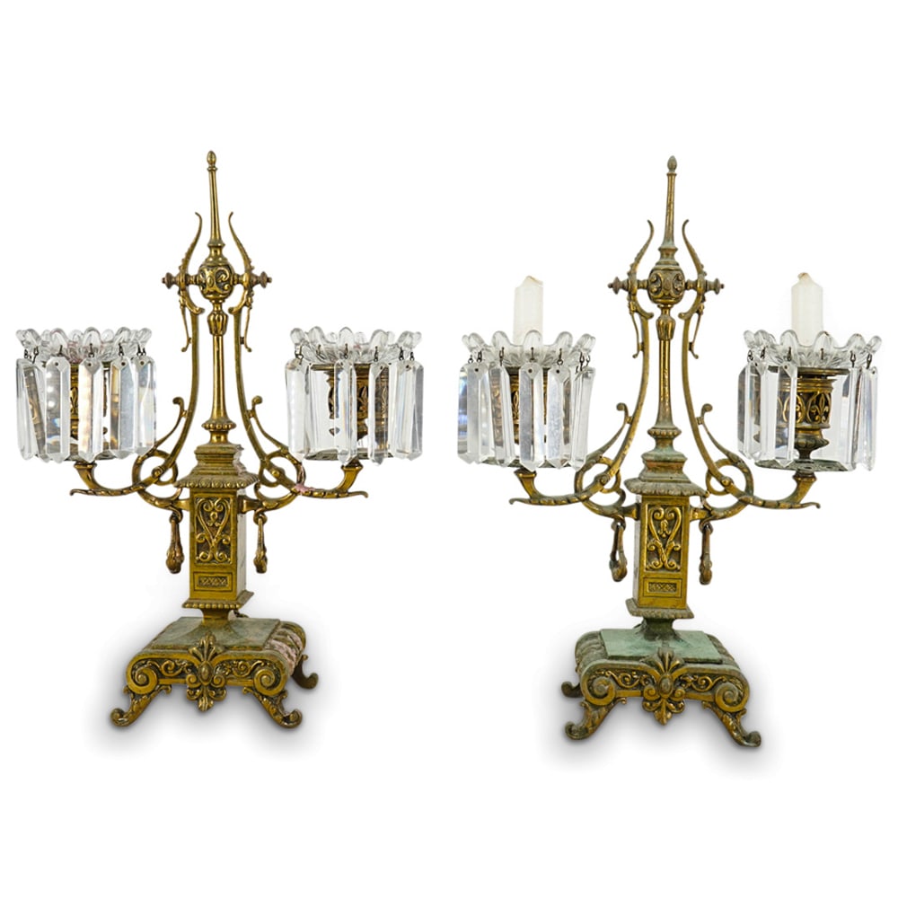 Pair Of Antique French Bronze Hanging Crystal Candelabras (1 of 5)