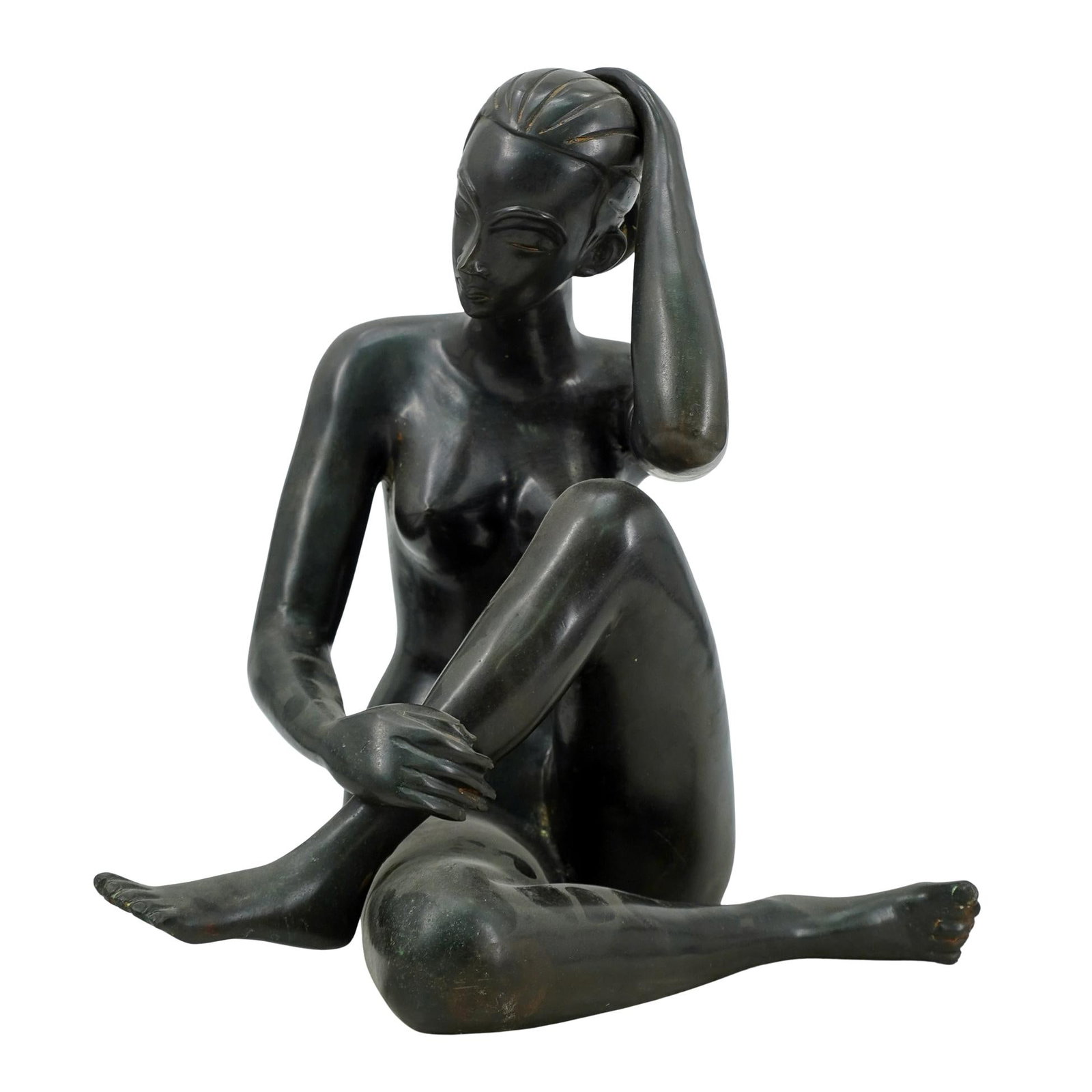 Vintage Mixed Metal Nude Woman Statue: DESCRIPTION: Vintage mixed metal statue depicting a seated woman crossing her legs and holding her head with her left hand. CIRCA: 20th Century ORIGIN: Continental DIMENSIONS: H: 15.5" W: 10.5" L: 14.