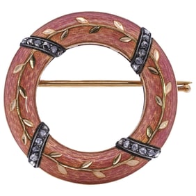 Faberge Gold Enamel & Diamond Inset Brooch