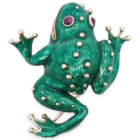 David Webb Style 18k Gold and Enamel Frog Brooch