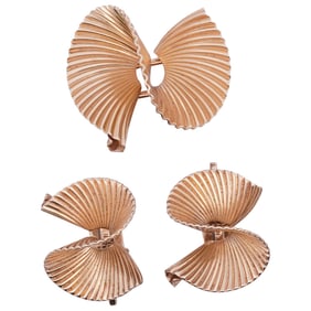 (3 Pc) Tiffany & Co. 14k Gold Swirl Earrings & Brooch