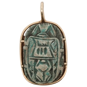 Tiffany Style 18k Gold and Faience Scarab Pendant