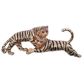 Vintage 18k Gold Enamel and Ruby Tiger Brooch
