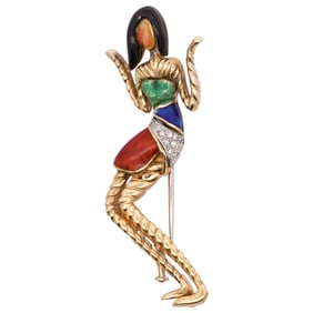 Vintage 18k Gold, Diamond and Enamel Figural Brooch