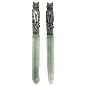 Pair of Faberge Style Silver & Nephrite Letter Knifes