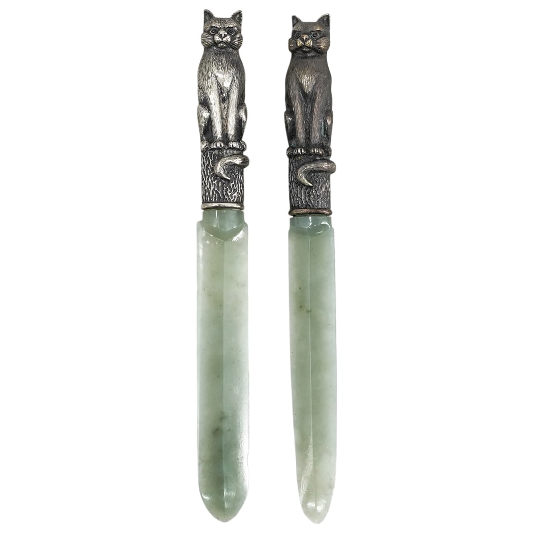 Pair of Faberge Style Silver & Nephrite Letter Knifes (1 of 5)