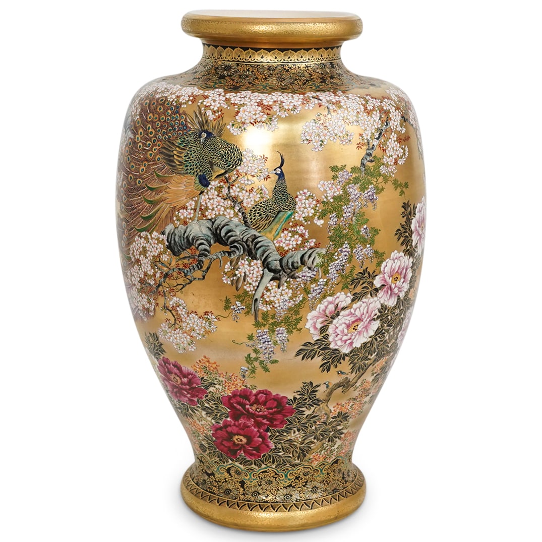Large, Fine Satsuma Porcelain Peacock Vase (1 of 10)