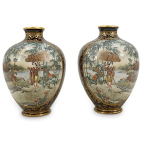 Pair Of Antique Satsuma Porcelain Shouldered Vases