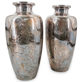 (2 Pc) Antique Japanese Meiji Silver Vases