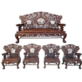 (5 Pc) Antique Chinese Carved Wood Imperial Bench And Chair Set