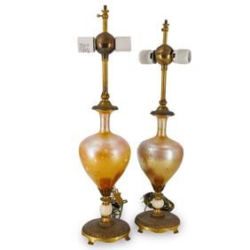 Pair of Louis Comfort Tiffany Favrile Glass 'Cypriote' Cassidy Bronze Table Lamps