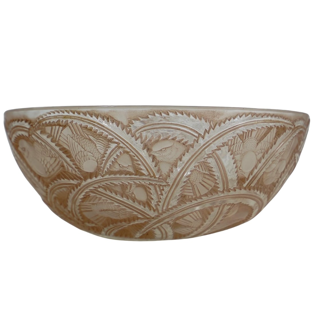 Lalique Crystal "Pinsons" Bowl: DESCRIPTION: Lalique crystal bowl, featuring "Pinsons" pattern which depicts small birds within engraved foliage leaves. Etched signature "Lalique France" underside. CIRCA: 20th Century ORIGIN: France