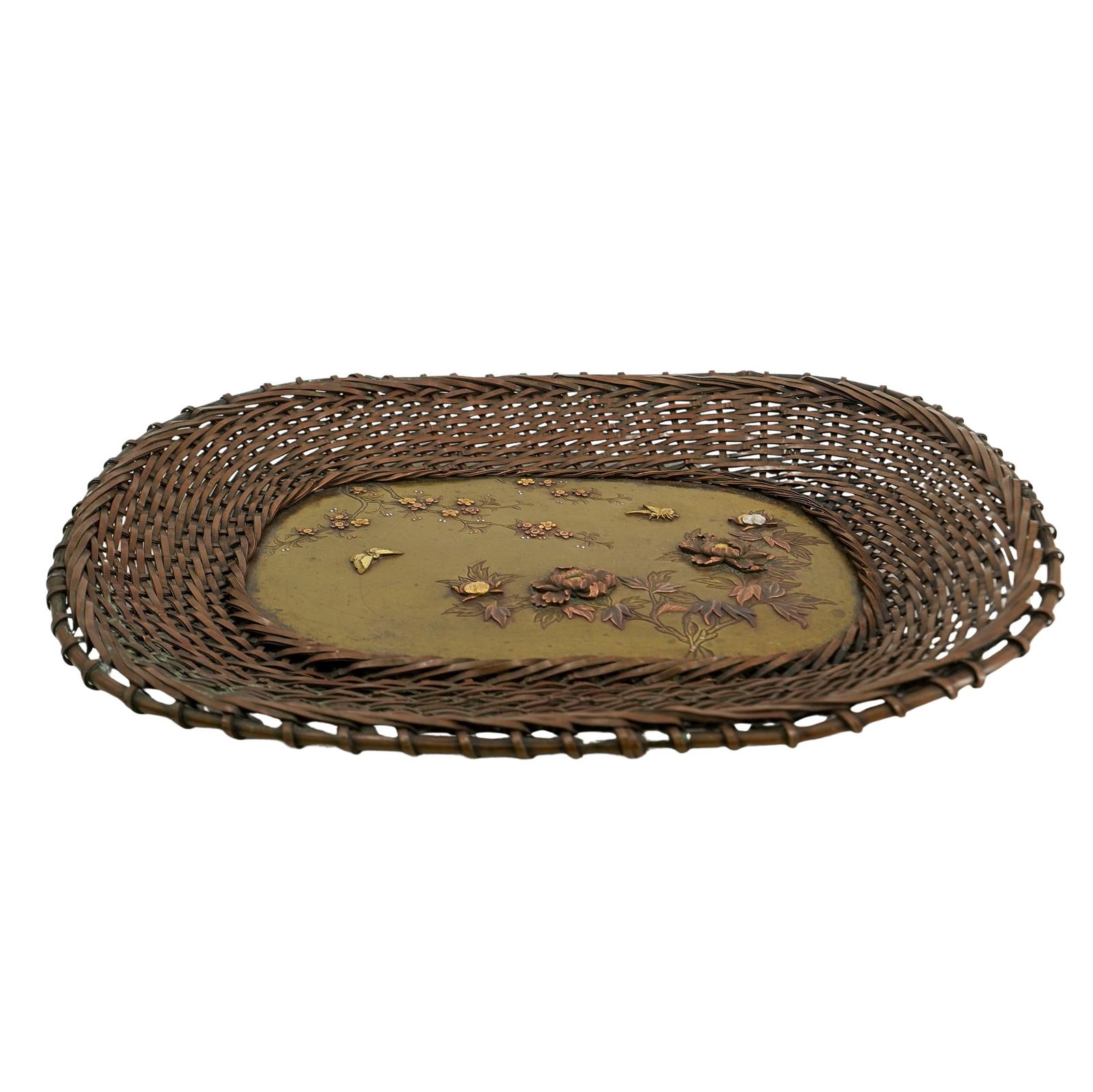 Yoshimichi (Japanese, B. XIX) Bronze Meiji Woven Basket Platter (1 of 7)