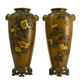 Pair Of Meiji Gilt Bronze Vases