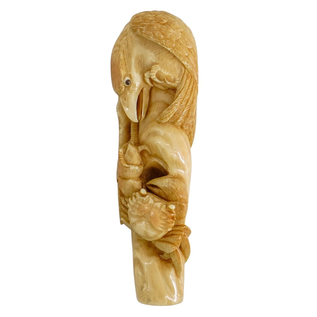Antique Japanese Meiji Carved Bone Bird And Crab Cane Topper: DESCRIPTION: Antique cane topper/handle carved from bone to depict a bird fighting a crab pinching its talon. CIRCA: 19th Century ORIGIN: Japan DIMENSIONS: H: 4.25" W: 1" L: 1.25" CONDITION: Minor wea