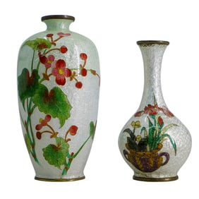 (2 Pc) Signed Japanese Miniature Silver Enamel Vases