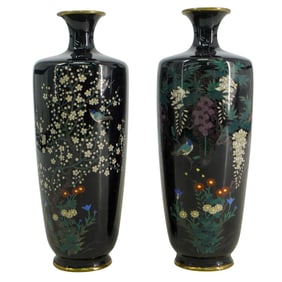 Pair Of Antique Japanese Cloisonne Shouldered Vases