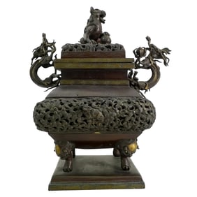 Antique Japanese Meiji Bronze Dragon And Komainu Censer