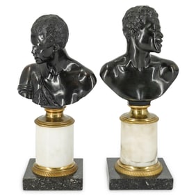 Antique Bronze Blackamoor Busts On Marble Stands