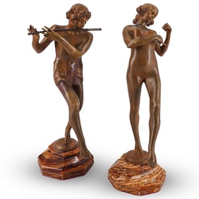 Pair of Eugene E. Piron (1875-1928) Bronze Flautist & Triangle Players