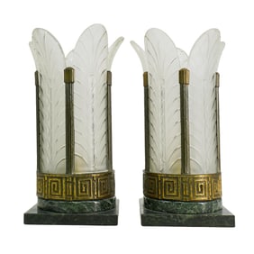Pair Art Deco Marble & Frosted Glass Lamps
