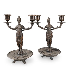(2 Pc) French Bronze Figural Candelabra