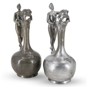 (2 Pc) French Art Nouveau Siot-Decauville Figural Pewter Ewers
