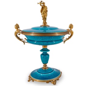 Joseph-Gustave Cheret (1838-1894) Sevres Blue Faience & Dore Bronze Covered Tazza
