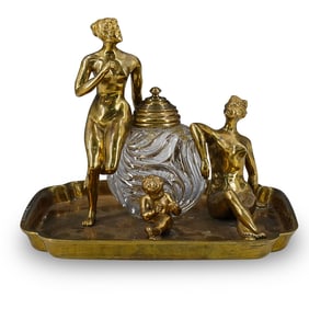 Antique Gilt Bronze & Glass Figural Inkwell
