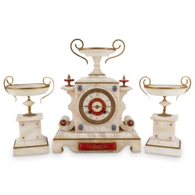 (3 Pc) Art Deco Japy Freres Alabaster Mantel Clock Set