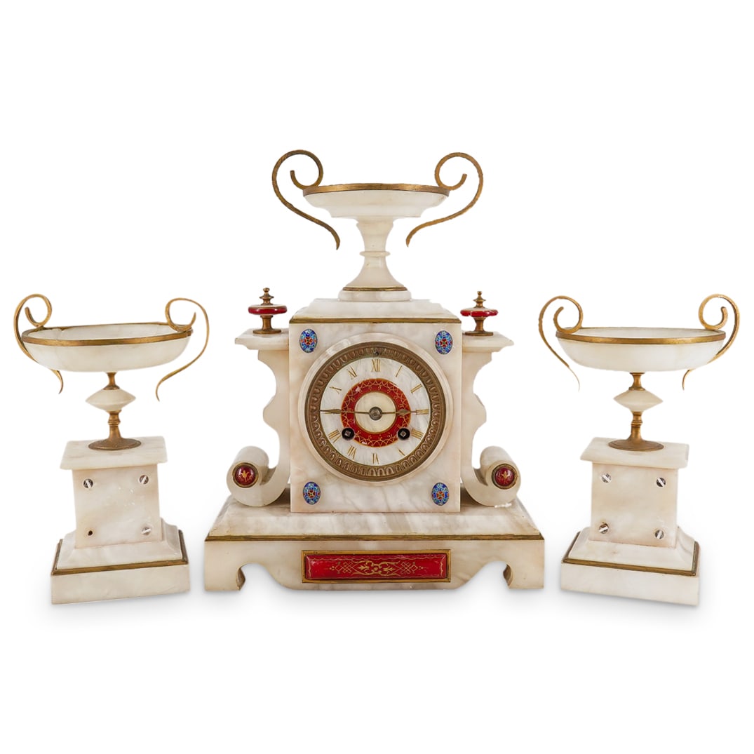 (3 Pc) Art Deco Japy Freres Alabaster Mantel Clock Set (1 of 19)