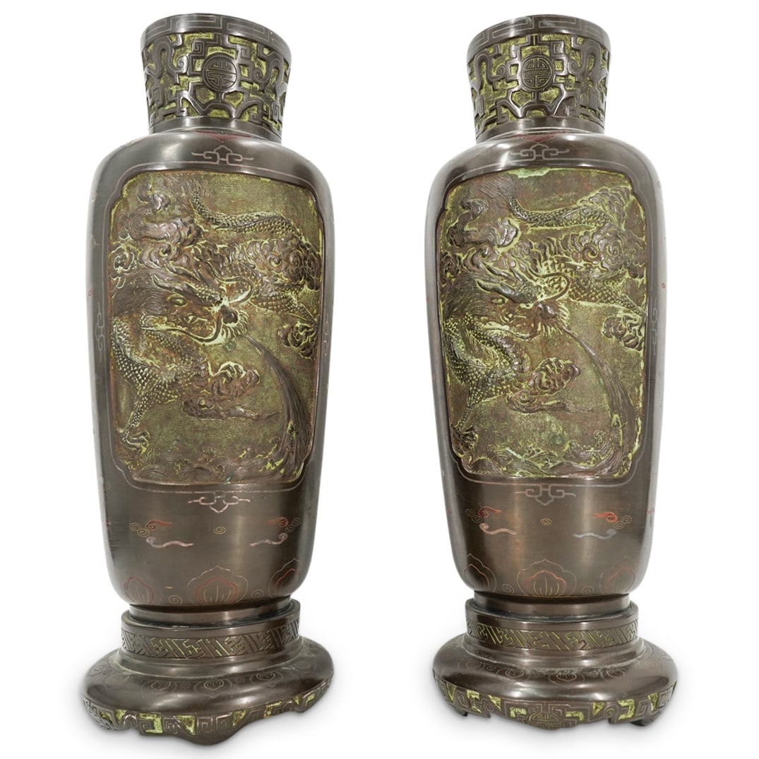 Pair Of Sino Vietnamese Silver And Copper Inlay Vases (1 of 16)