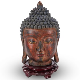 19th Century Siamese Mixed Metal Buddha Head on Carved Wood Base