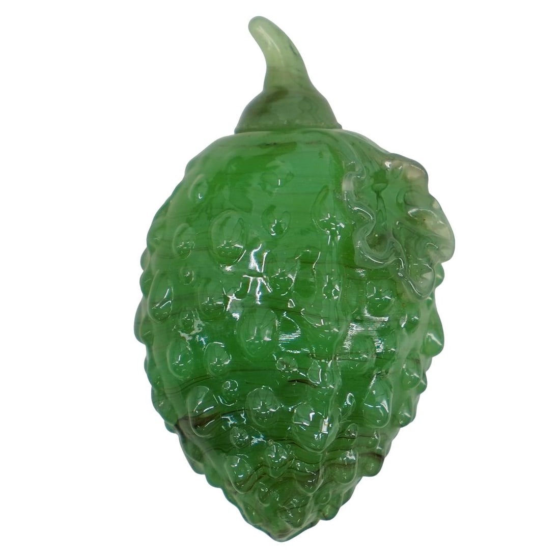 Antique Chinese Peking Glass Strawberry Snuff Bottle: DESCRIPTION: Antique snuff bottle crafted from peking glass of various shades of green as a strawberry the stem of which forms the cap and spoon handle. CIRCA: 19th Century ORIGIN: China DIMENSIONS: H