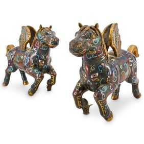 Pair Chinese Cloisonne Winged Horses