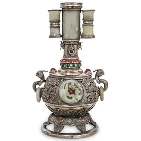 Rare 19th Cent. Tibetan Silver and Jade Vessel