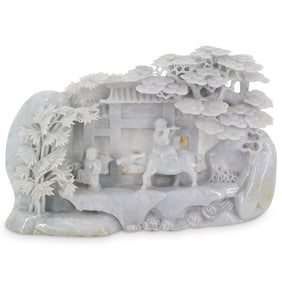 Large Chinese Carved Jadeite Landscape Boulder