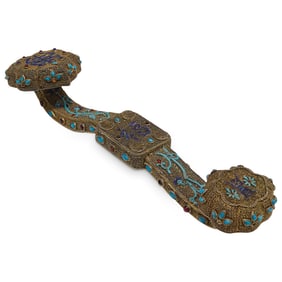 Antique Chinese Lapis, Turquoise, And Vermeil Silver Filigree Ruyi Scepter